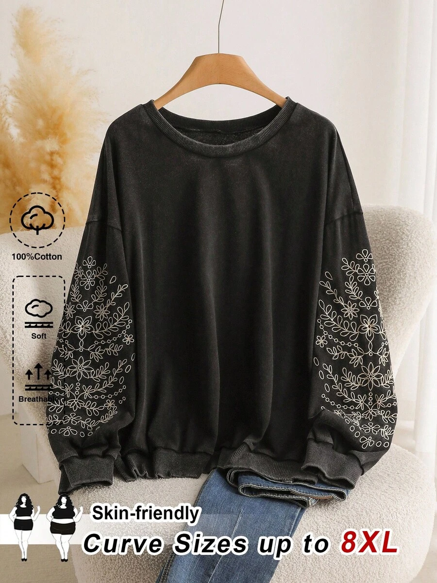 SHEIN CURVE+ 大尺碼女款休閒長袖刺繡雪花水洗圓領寬鬆套頭運動衫 秋冬款 - 黑色 - 查看 1
