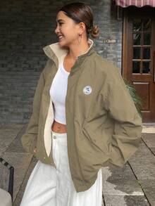 DAZY 女式宽松长袖高领拉链图案夹克 - 軍綠色 - 查看 1