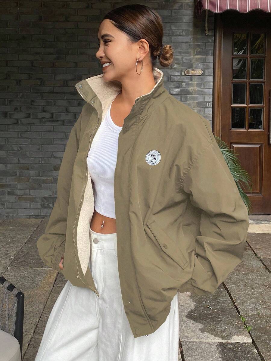 DAZY 女式宽松长袖高领拉链图案夹克 - 軍綠色 - 查看 1