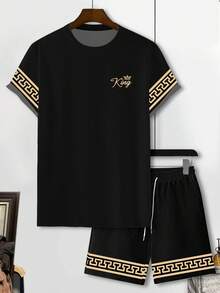 Manfinity LEGND Men's Letter Print Round Neck Short Sleeve Casual T-Shirt And Drawstring Waist Shorts Set