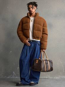 AXEPEAK 男士休闲纯色拉链宽松冬季长袖外套 - 駝色 - 查看 6