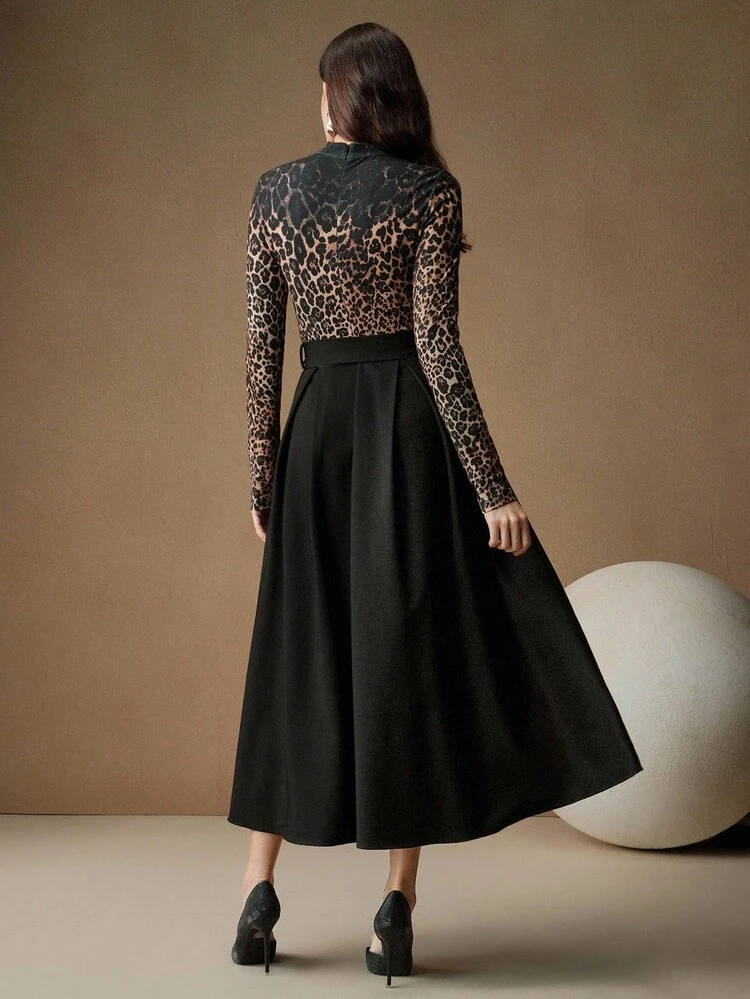 Elegant Leopard Print Patchwork Long Sleeve Knit Dress, Autumn/Winter, Suitable For Halloween, Christmas, New Year, Party, Wedding