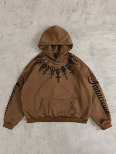 Street Life Sudadera con capucha casual para hombres con estampado de letras y cruz, para otoño/invierno