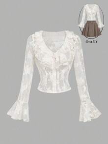 SHEIN MOD Women's Ruffled Flare Sleeve Lace Fitted Blouse,Fall /Winter,Women's Halloween Costume,Party , Elegant ,Luxury,Autumn Outfits For Women , Lace Blouse, Lace Tops, Lace Shirts - Apricot - View 1