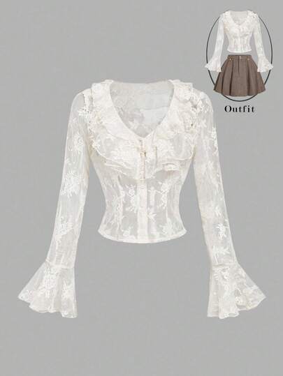 SHEIN MOD 荷叶边喇叭袖蕾丝修身衬衫