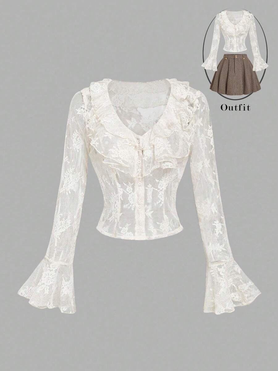 SHEIN MOD Women's Ruffled Flare Sleeve Lace Fitted Blouse,Fall /Winter,Women's Halloween Costume,Party , Elegant ,Luxury,Autumn Outfits For Women , Lace Blouse, Lace Tops, Lace Shirts - Apricot - View 1