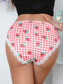 1pc Girls' Sweet Lace Patchwork Bow Strawberry Plaid Series Panty - Multicolor - View 1