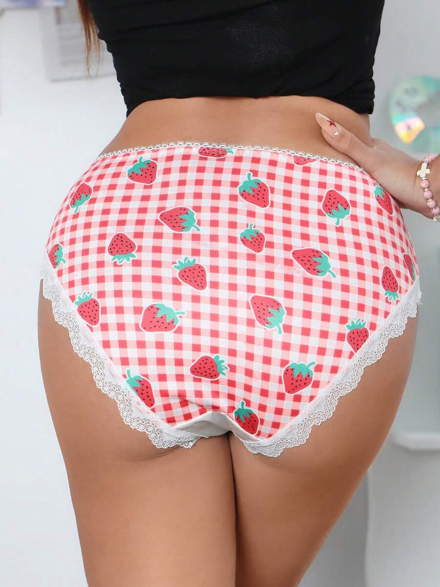 1pc Girls' Sweet Lace Patchwork Bow Strawberry Plaid Series Panty - Multicolor - View 1