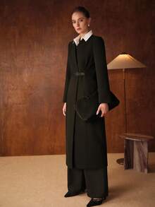 MOTF PREMIUM SIMPLE ELEGANT CONTRAST COLLAR BELTED OVERCOAT - Black - View 4