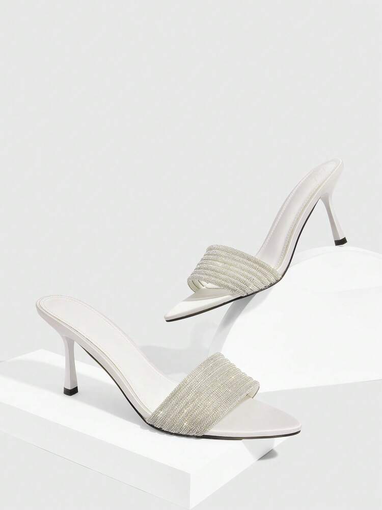 CUCCOO SZL 8cm High Heel White Satin Pointed Toe Rhinestone Embellished French Style Dress Sandals