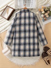 1pc Tween Girl Winter Jacket, Retro American Plaid Design, Small Lapel, Open Front, Fleece Fabric, Simple & Stylish, Versatile For Casual Wear & Commuting - Multicolor - View 3