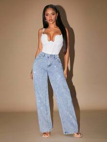 Radiana BAE Women's Low Waist Embellished Slim Straight Leg Jeans, New Years Eve Outfit,Glitter Pants,Christmas Party Women Pants,Sequin Pants,Holiday Pants,Baggy Women Jeans,Glitter Baggy Jeans,Glitter Pants - Medium Wash - View 5