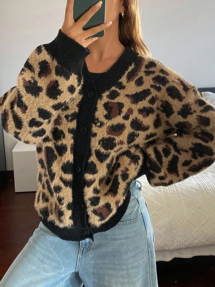 Loose Fit Business Casual Animal Print Knit Cardigan, Color Block Design, Suitable For Office Wear, Autumn/Winter Leopard Print