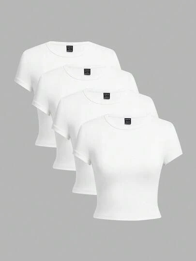 SHEIN EZwear 4pcs/Set White Casual Round Neck Raglan Short Sleeve Fitted Women T-Shirts, Suitable For Summer