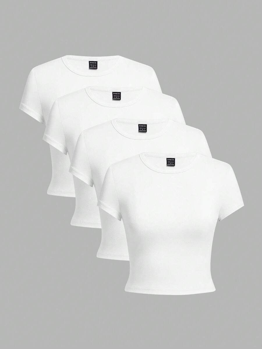 SHEIN EZwear Bộ 4 áo thun nữ tay ngắn cổ tròn raglan màu trắng, thoải mái, phù hợp cho mùa hè - trắng - Xem 1