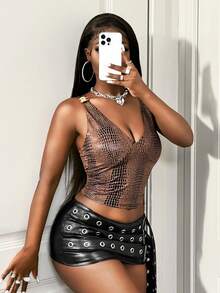 SHEIN BamGlam Débardeur court ajusté sexy à col V profond avec imprimé peau de serpent brillant pour femmes - Multicolore - Voir 6