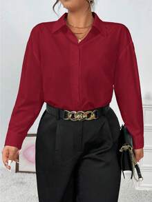 Elenzga Áo sơ mi nữ tay dài dệt trơn màu cỡ lớn, thường ngày thanh lịch, trang nhã cho nữ công sở, dành cho Lễ Tạ ơn - Màu Đỏ Sâu - Xem 4