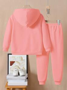 Sparklyn 2 件年轻女孩字母图案印花圆领运动衫套装，休闲时尚，搭配，可爱活泼，儿童秋冬装，长袖上衣，年轻女孩粉色连帽衫和裤子套装 - 彩色 - 查看 2