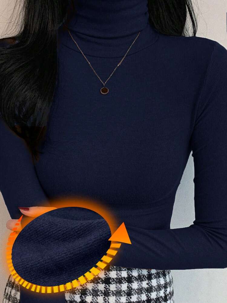 Women's Turtleneck Tight Fitting Thermal Lined T-Shirt Long Sleeve Top