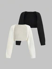 Sweetra Petite Áo khoác cardigan nữ màu trơn thường ngày - Đen và trắng - Xem 1
