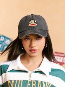 Paul Frank X SHEIN 经典休闲百搭百搭街头风深灰色刺绣棒球帽，防晒时尚配饰 - 黑色 - 查看 5