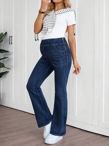 SHEIN 孕妇高腰纯蓝色休闲百搭牛仔裤 - 藍色 - 查看 5