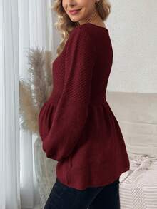 SHEIN Maternity Casual Solid Color Lantern Sleeve Sweater, Versatile For Autumn/Winter - Rose Red - View 2
