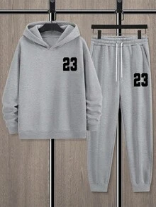 Manfinity Homme 2 件男士成熟休闲简约运动 23 号图案运动衫和运动裤套装 - 灰色 - 查看 3