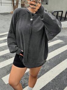 Muchica Áo nỉ rộng rãi cổ tròn tay raglan trơn cỡ lớn cho nữ - màu đen - Xem 3