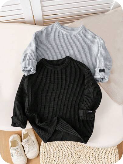 SHEIN 2pcs Back To School Young Boys' Multi-Color Textured Loose Fit Pullover Sweaters, Suitable For Casual Wear, Home, And School Autumn Winter Clothes For Girls