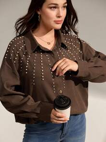 Momelise Plus Size Solid Color Bubble Bead & Rhinestone Embellished Business Casual Party Jacket, Autumn/Winter - Brown - View 6