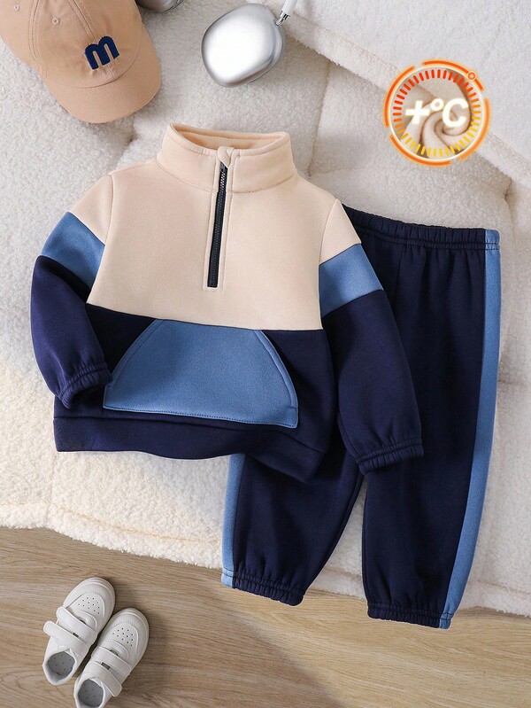 2pcs/Set Baby Boy/Girl Fall & Winter Outfit, Thickened Colorblock Hoodie Sweatshirt And Cargo Pants Tracksuit, Comfortable Casual Daily Streetwear, Suitable For Indoor, Outdoor, Sports, Party, Back To School