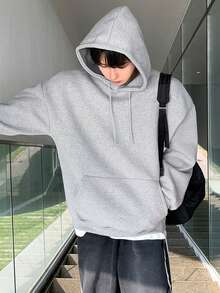 DAZY 男士纯色抽绳连帽落肩运动衫，秋装 - 灰色 - 查看 3