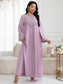 Al Najma 女士优雅阿拉伯风格 V 领喇叭袖缀饰连衣裙 - 紫丁香色 - 查看 5