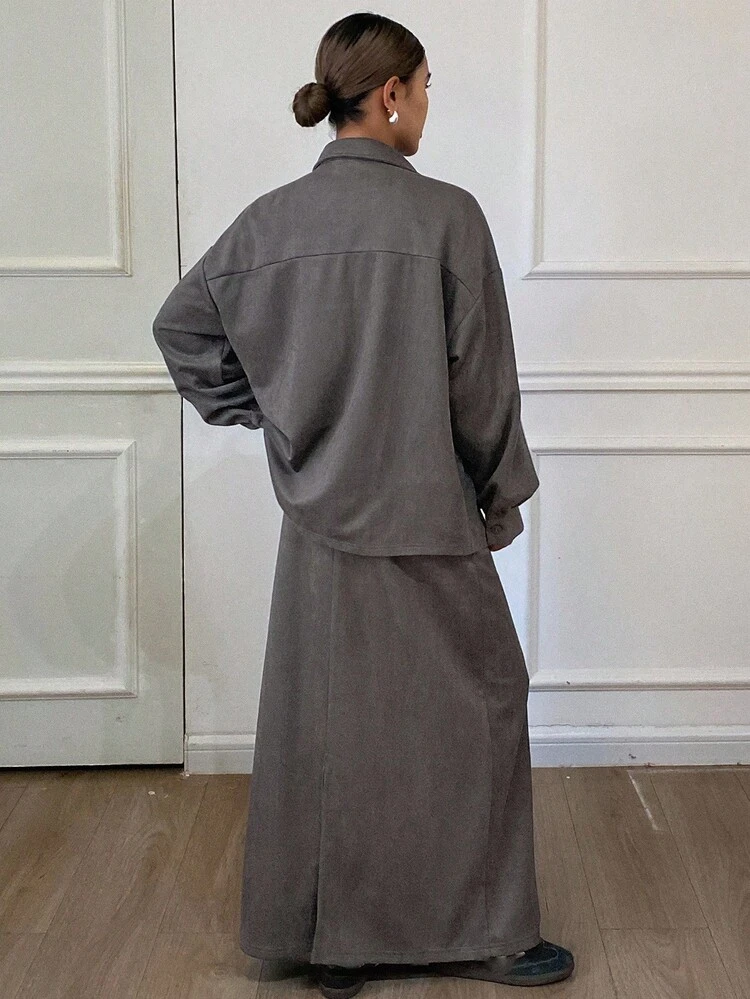 Women's Casual Gray Collared Top And Skirt 2 Pieces Set, Autumn