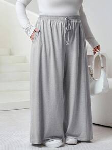 SHEIN CURVE+ Plus Size Women Black Gray Two Pieces Suit Plus Size Wide Leg Pants Pants