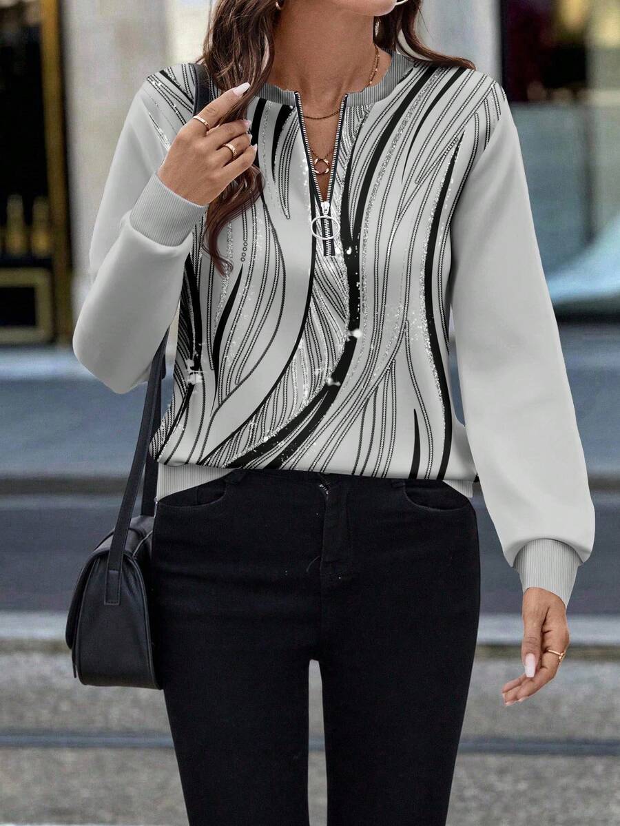 EMERY ROSE Women's Casual Front Zip-Up Round Neck Sweatshirt, Suitable For Autumn/Winter - Multicolor - View 1