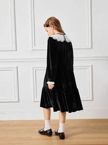 优雅简约长袖白色蕾丝边女童连衣裙 - 黑色 - 查看 2