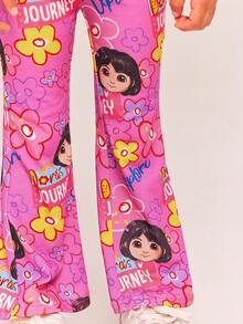 DORA | SHEIN Young Girl Cute Casual Cartoon & Floral Print Knit Pink Flared Leggings - Pink - View 4