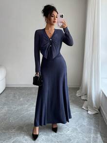 Elenzga Conjunto de punto elegante azul marino, hilo metálico brillante de alta gama, diseño de nicho de cárdigan y falda evasé, opción cómoda para fiestas vintage, viajes al trabajo y salidas en otoño/invierno - Azul - Ver 6