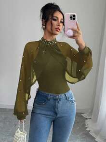 Elenzga Women's Stand Collar Elegant Chiffon Beaded Bodysuit - Army Green - View 4
