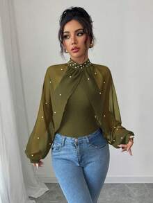 Elenzga Women's Stand Collar Elegant Chiffon Beaded Bodysuit - Army Green - View 6