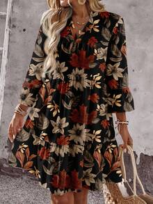 EMERY ROSE 休闲浪漫秋季枫叶和花朵印花大码女式A字连衣裙 - 彩色 - 查看 5