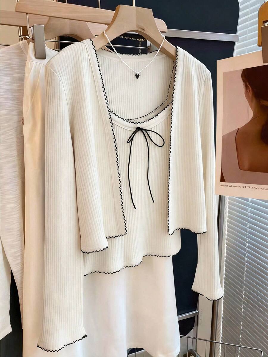 INAWLY 女士时尚休闲浪漫优雅度假吊带背心和开衫两件套 - 白色 - 查看 1