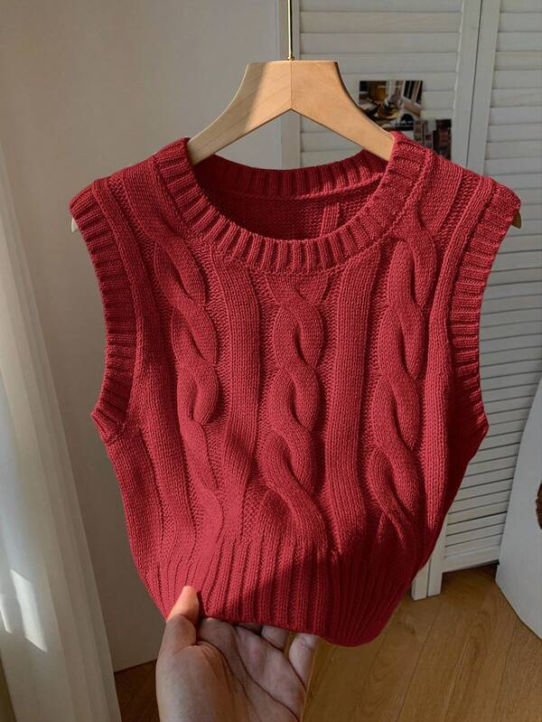 Comfortcana Women's Casual Knitted Cable Pattern Round Neck Vest, Autumn/Winter,Christmas