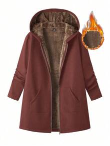 EMERY ROSE Plus Size Casual Solid Color Fleece Hoodie, Autumn/Winter - Redwood - View 1