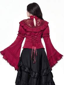 ROMWE Goth Elegant Palace Style Lace Trim Extra-Wide Bell Sleeve Lolita Christmas Fitted Bow Blouse - Red - View 5