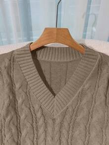 Franclia 全新宽松柔软甜美粉色休闲设计 V 领粗针织套头衫，适合女士，百搭 - 棕色 - 查看 4