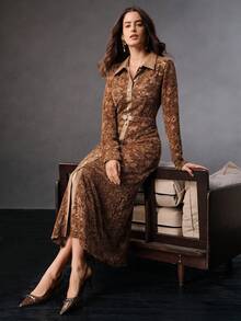 Anewsta High-End Design Autumn/Winter Lace Patchwork PU Leather Metal Button Embellished Slim Fit Dress - Coffee - View 6