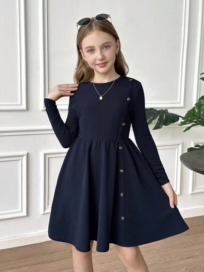 SHEIN Tween Girls Elegant Casual Round Neck Pullover Slit Design Midi Dress For School, Everyday Casual Wear, Fall And Winter Girls Birthday Girls Back To School Autumn Girls Navy Dress Toddler Girls Navy Dress Girls Long Sleeve Dress Girls Dress With Buttons Little Girl Navy Dress Girls Navy Dress With Buttons Girls Dark Blue Dress Children's Navy Dress Tween Girl Navy Dress Girls Button Dress Plain Tween Dress Girls Navy Blue Long Sleeve Dress Girls School Dress Tween Navy Blue Dress